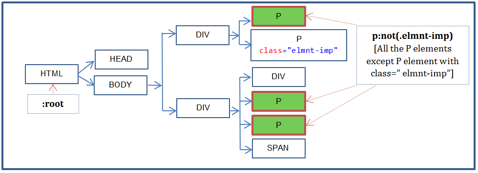 :not pseudo class example code DOM tree